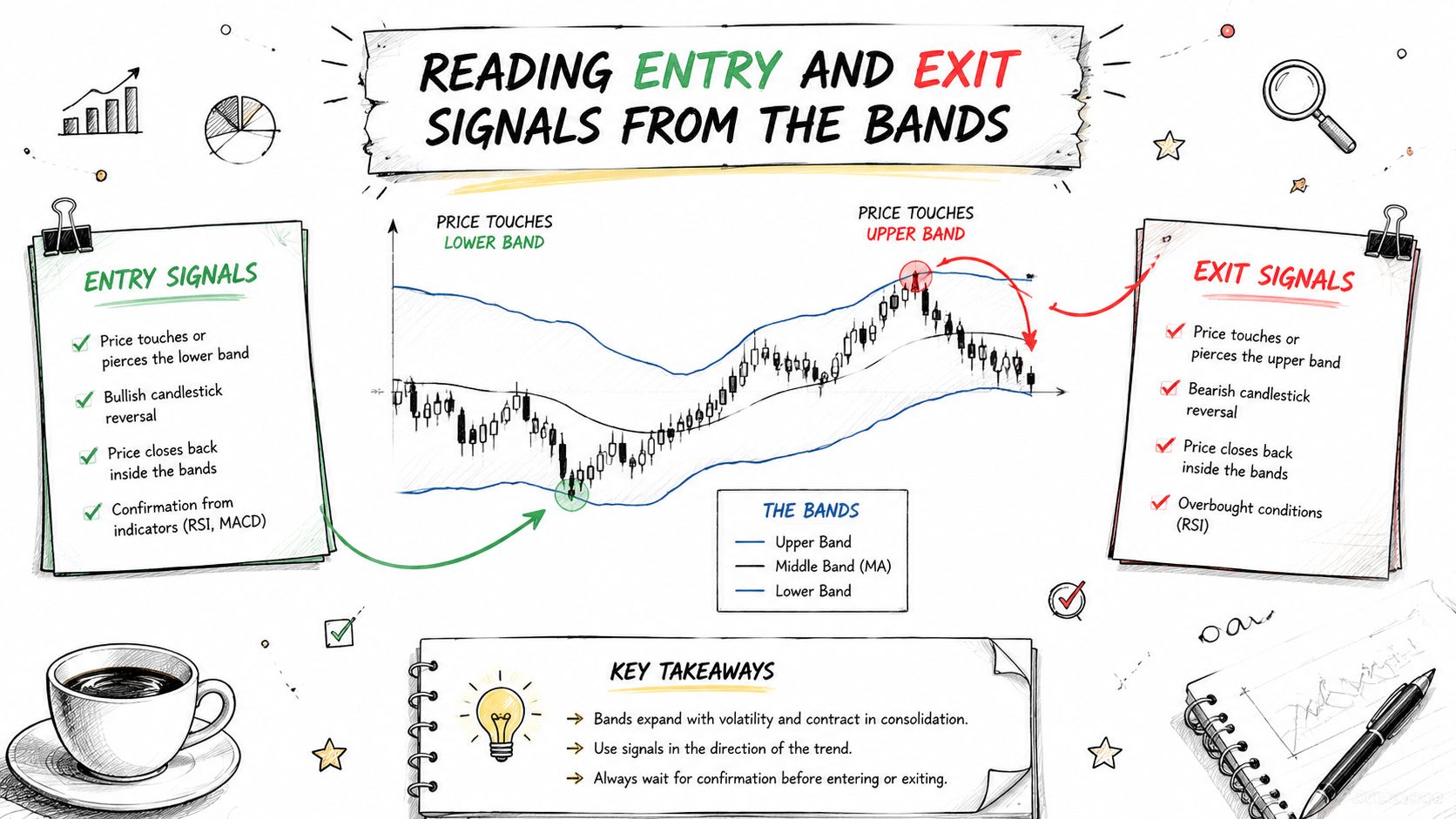 An educational infographic explaining how to interpret entry and exit signals using Bollinger Bands for trading.