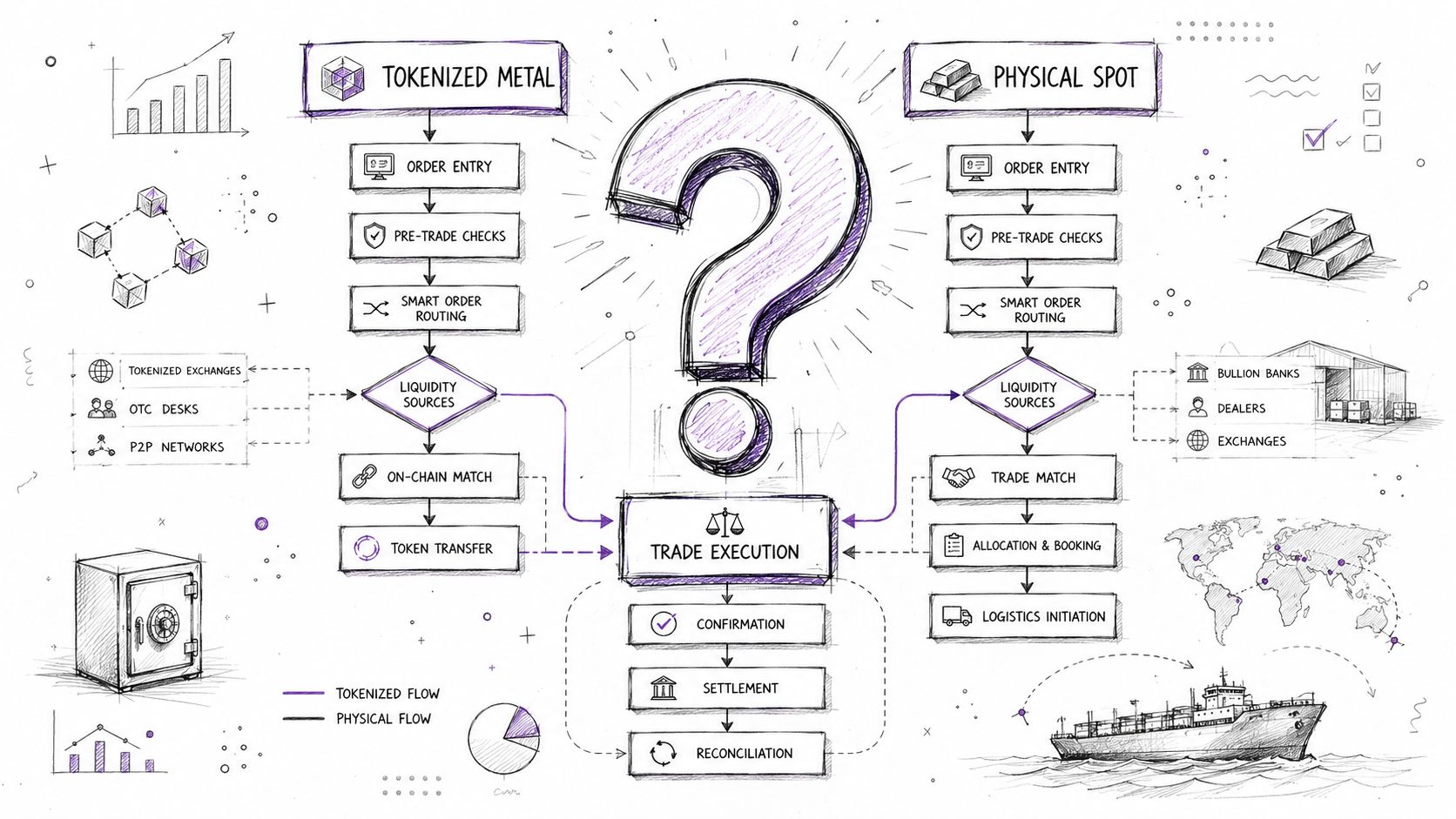 A comparative diagram illustrating the trade execution workflows for tokenized metal versus physical spot metal markets.