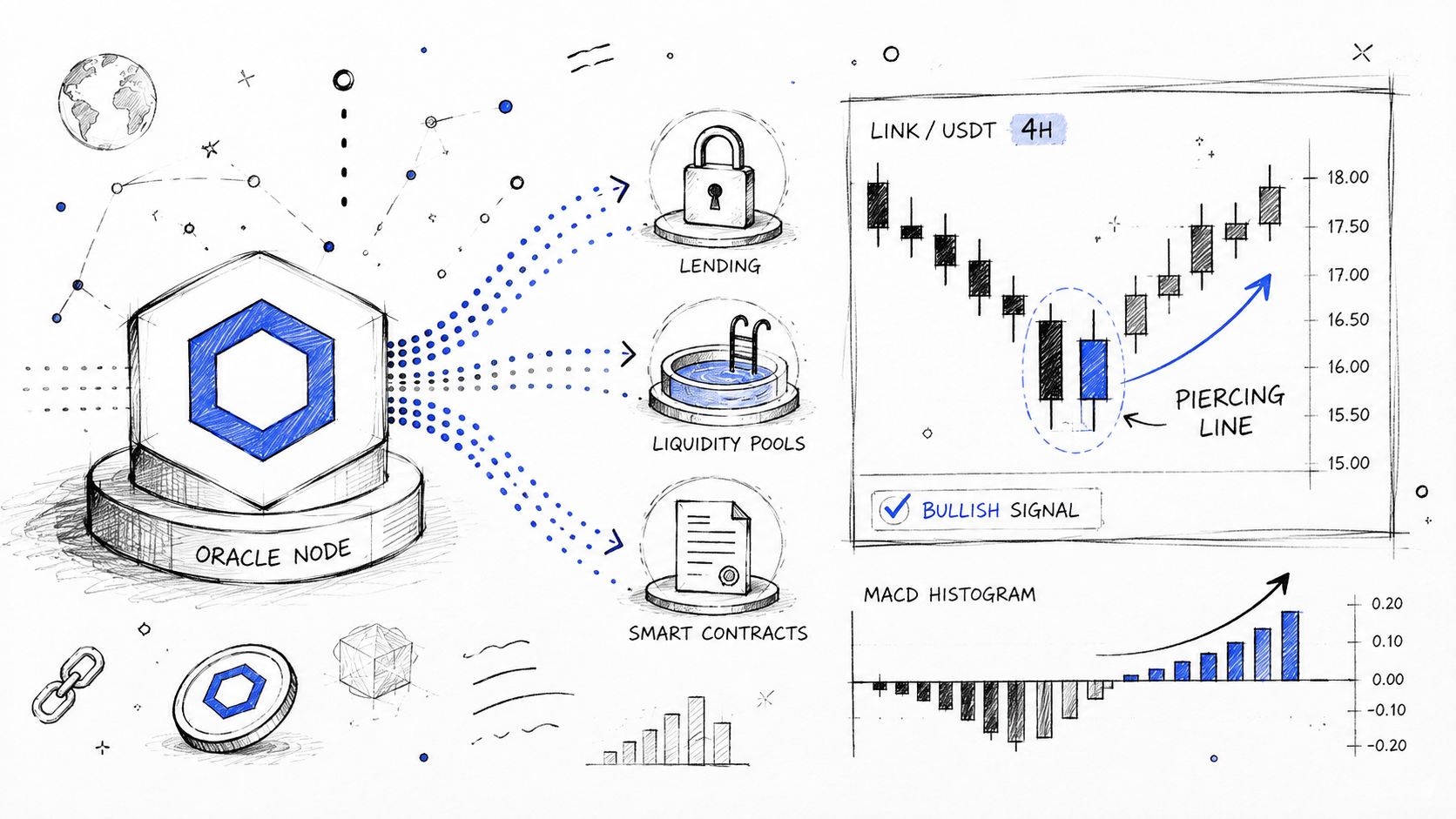 A hand-drawn illustration showing an oracle node connecting to DeFi services, candlesticks, and MACD indicators.