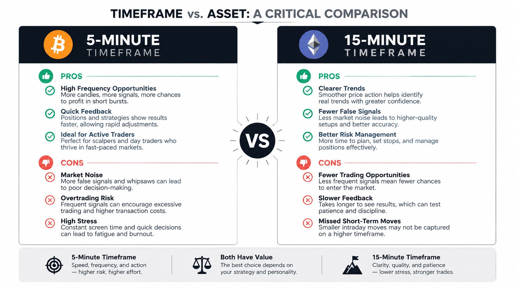 A comparison infographic between 5-minute and 15-minute timeframes for cryptocurrency trading, highlighting pros and cons of each.