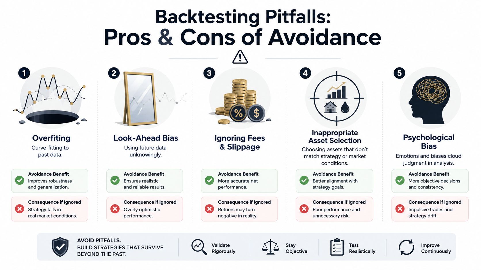 An infographic titled Backtesting Pitfalls outlining five common mistakes when testing investment and trading strategies.