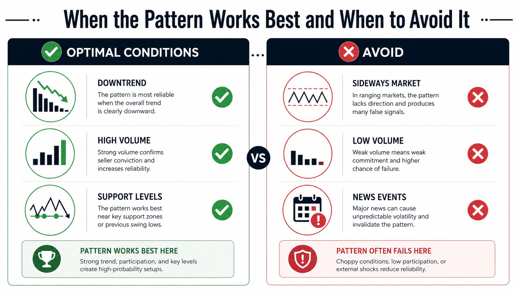 A comparison chart showing optimal conditions versus market situations to avoid when trading the morning star reversal pattern.