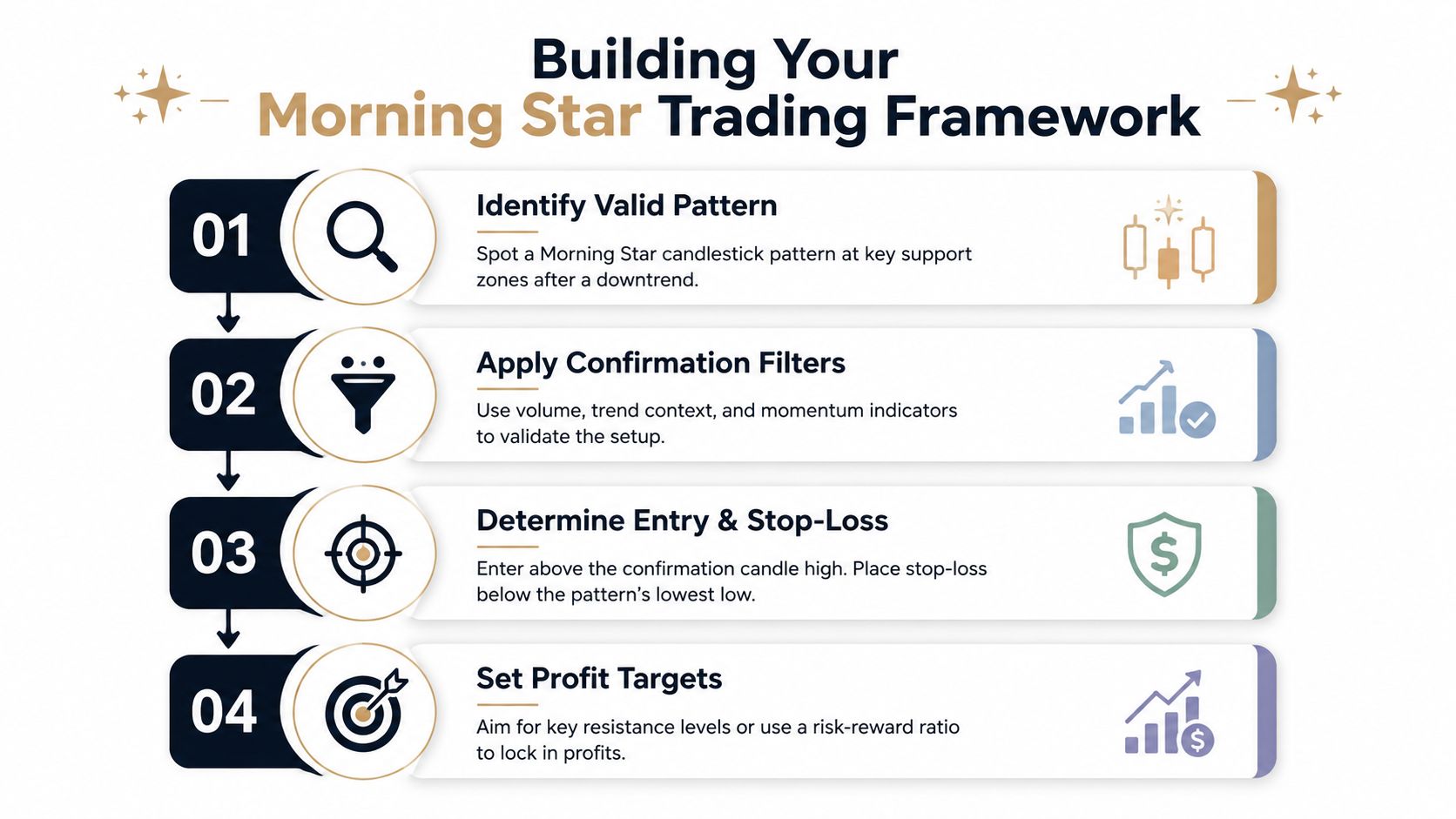 A four-step infographic illustrating the Morning Star trading framework strategy for identifying and trading candlestick patterns.