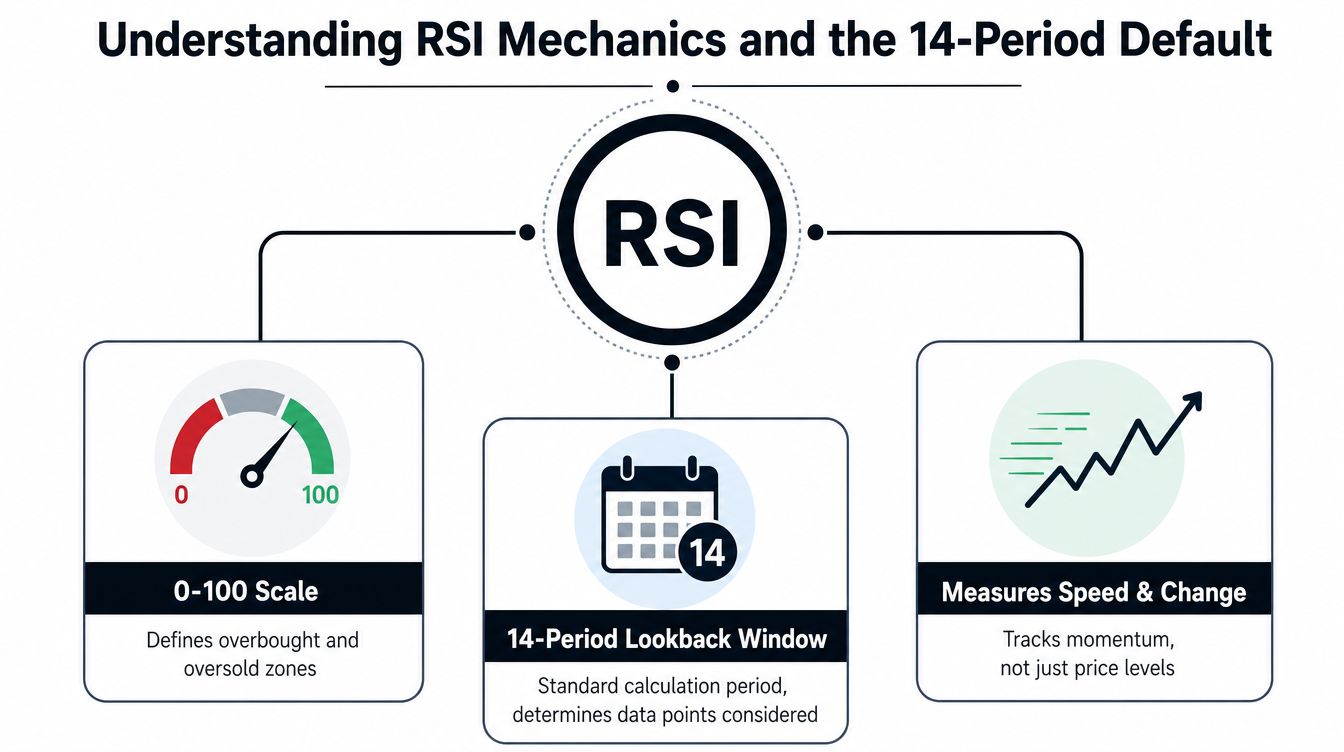 A diagram explaining RSI indicator mechanics, showcasing the 0-100 scale, the 14-period lookback window, and momentum tracking.