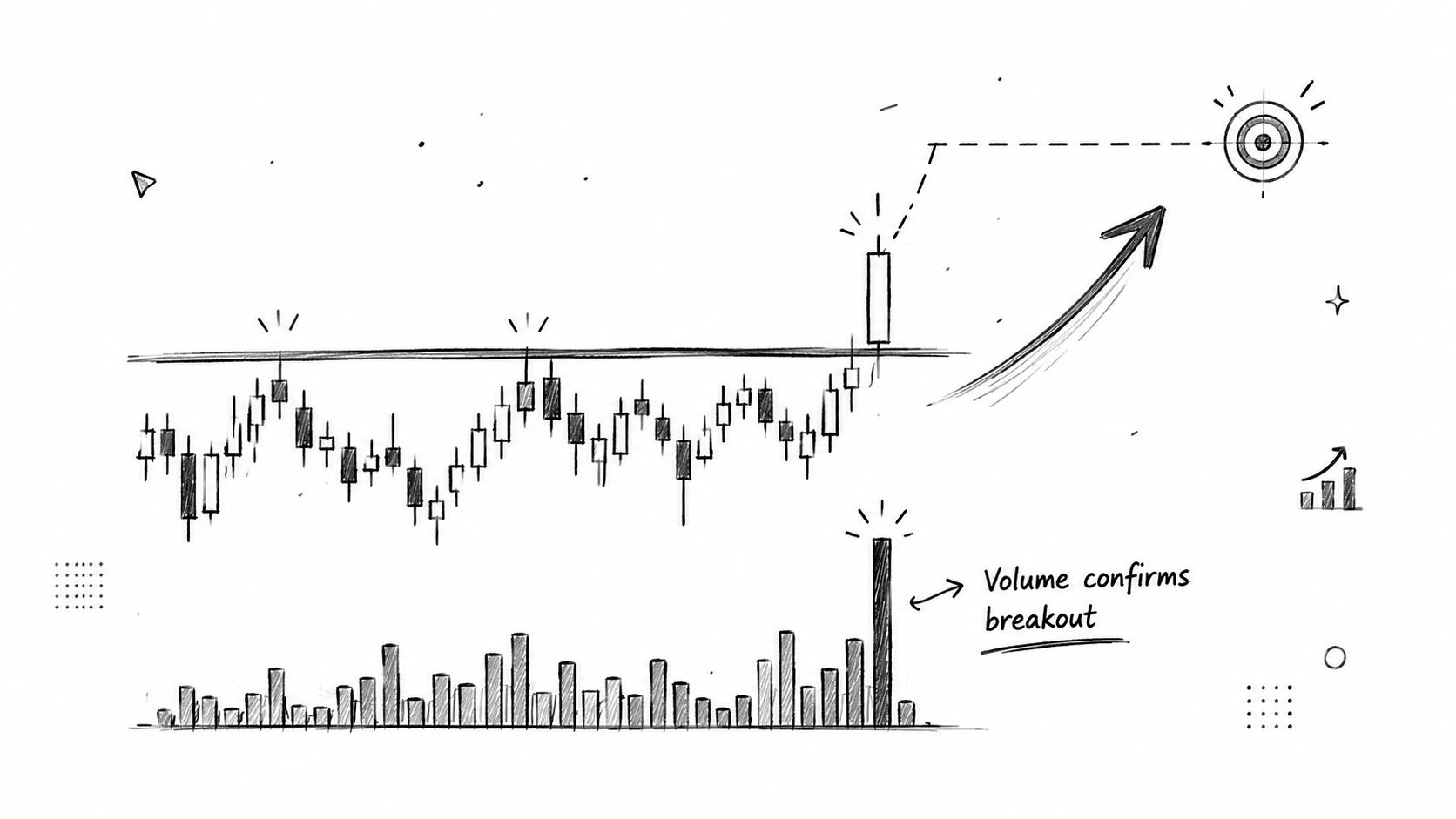 A hand-drawn technical analysis chart showing a bullish price breakout confirmed by a high volume candle.