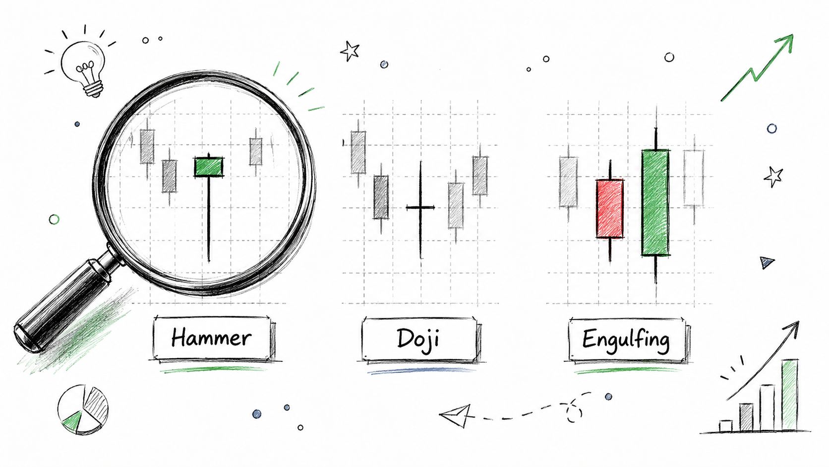 A hand-drawn illustration showing three common Japanese candlestick patterns: Hammer, Doji, and Engulfing, for technical market analysis.