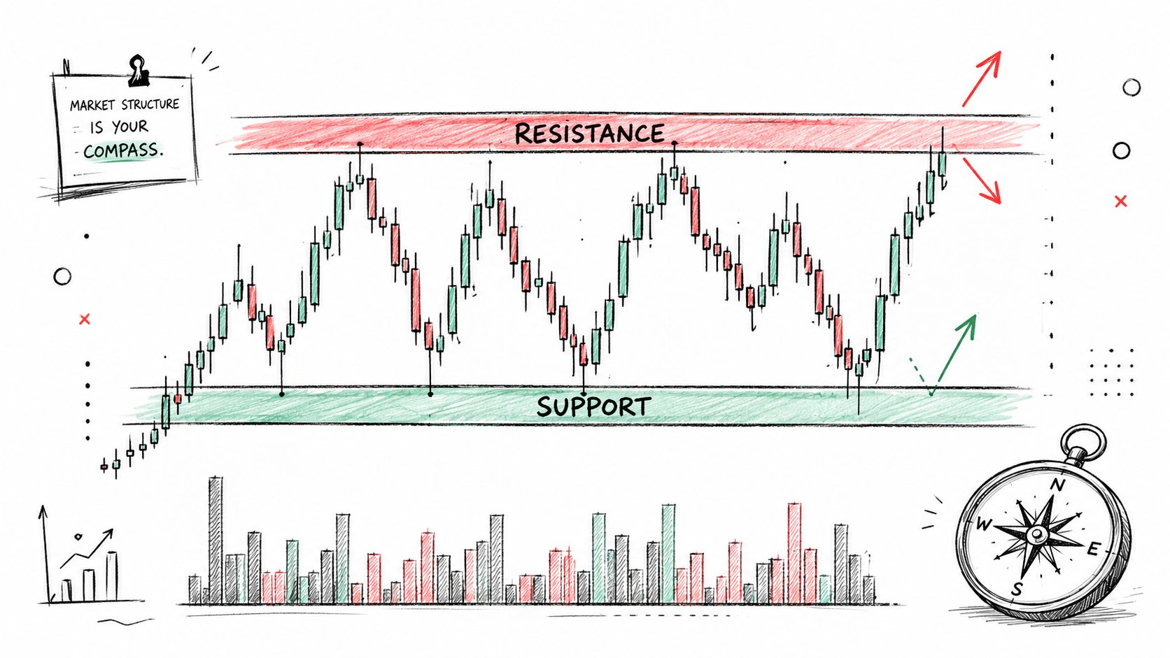 A hand-drawn illustration showing a financial candlestick chart with labeled support and resistance levels and a compass.