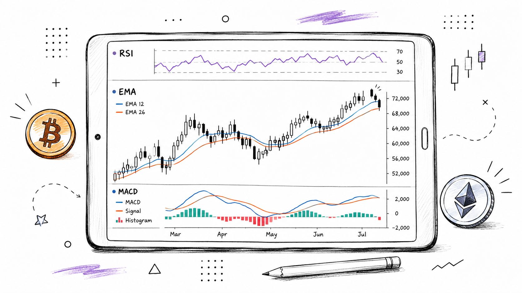 A sketched illustration of a tablet displaying cryptocurrency technical analysis charts including RSI, EMA, and MACD indicators.