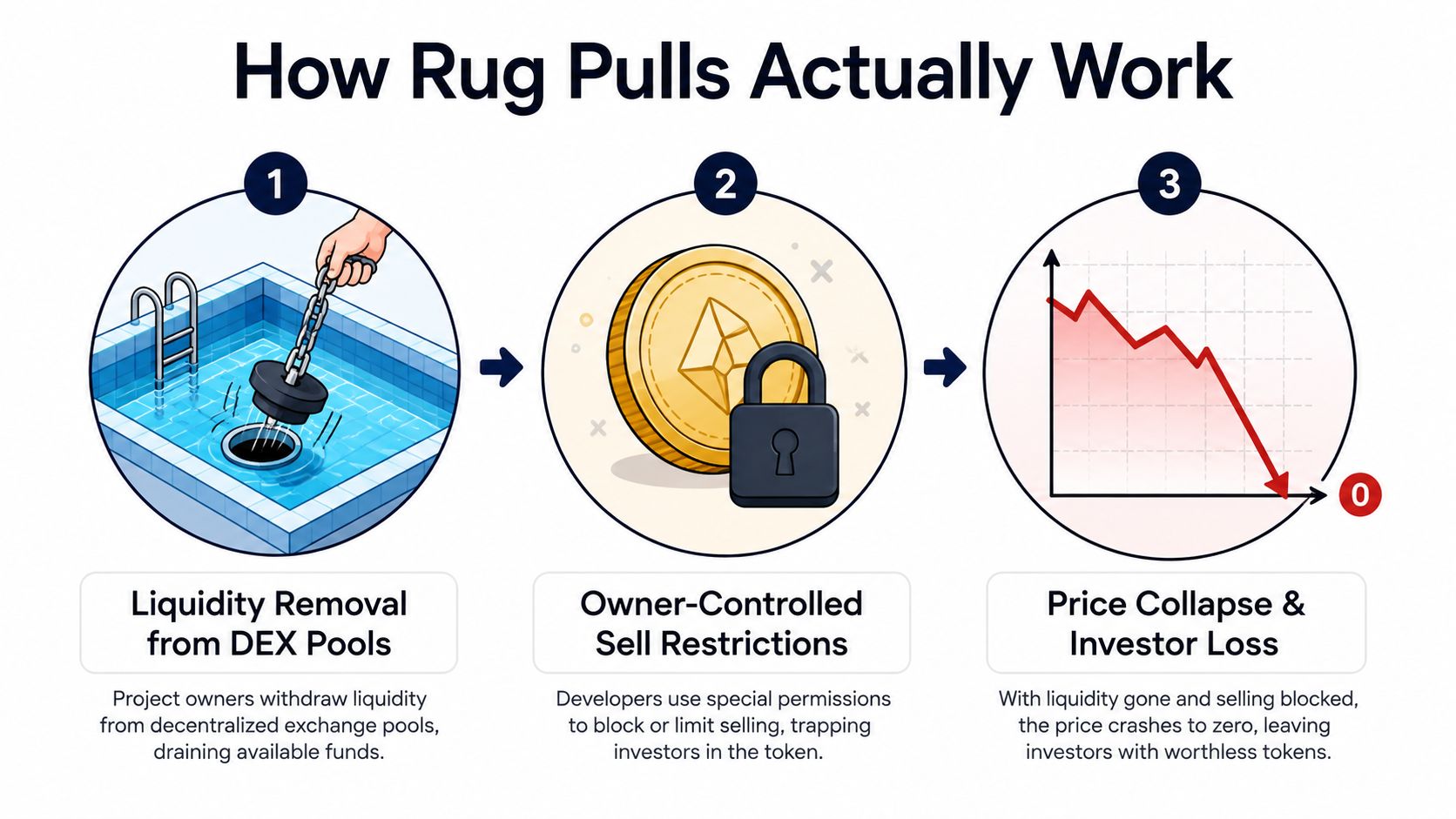 An infographic showing three steps of a rug pull crypto scam involving liquidity removal and price collapse.