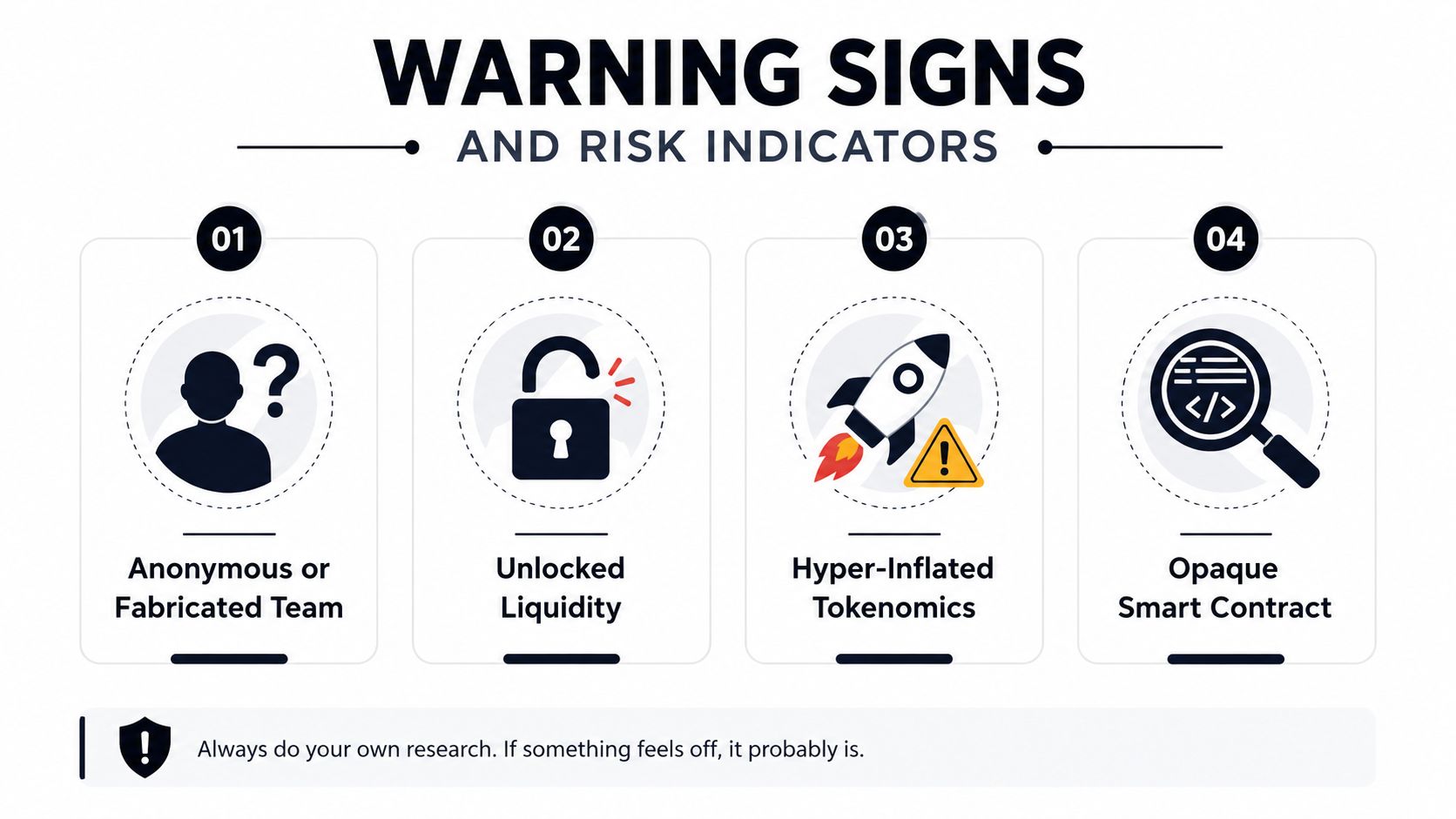 An infographic displaying four common warning signs and risk indicators for identifying potential cryptocurrency scams or rug pulls.
