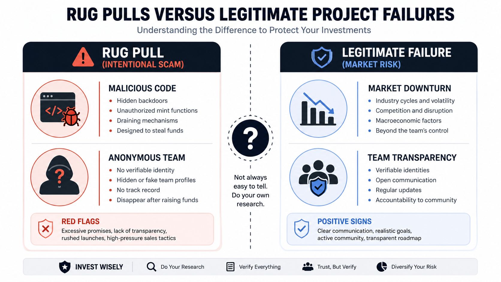 An infographic comparing rug pull scams to legitimate cryptocurrency project failures, highlighting red flags and protective measures.