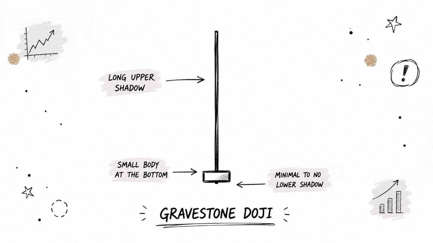 An educational illustration showing the anatomy of a gravestone doji candlestick pattern on a white background.