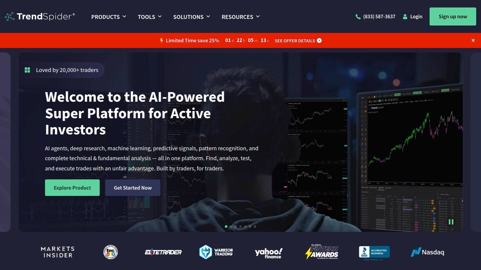 TrendSpider's home page, describing an AI-powered platform for active investors, with multi-chart layouts behind it