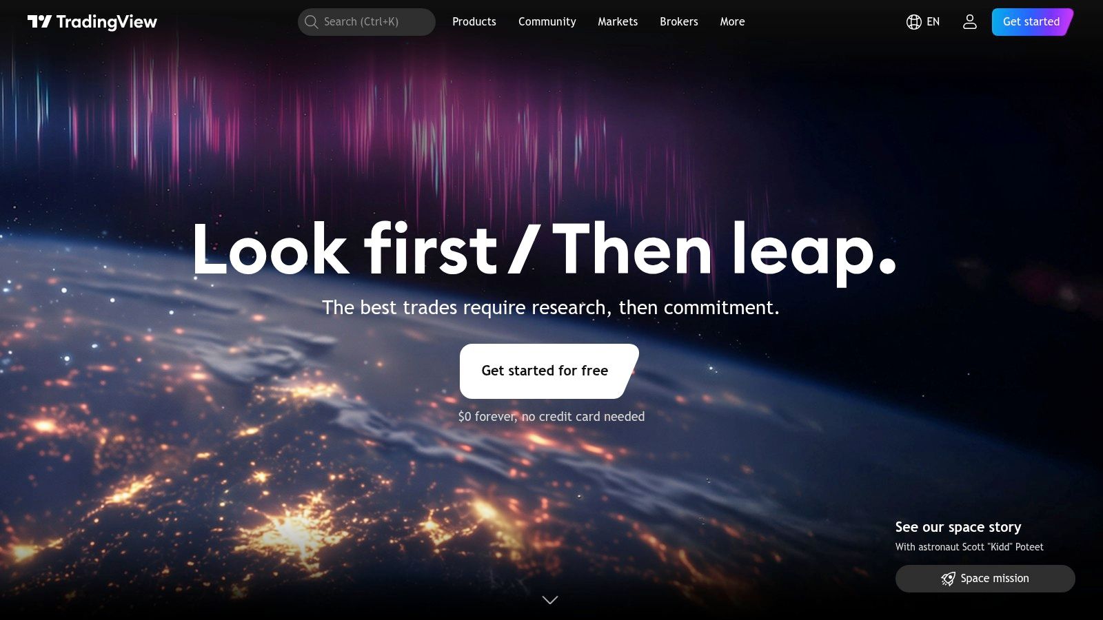 TradingView's home page, headlined "Look first / Then leap"