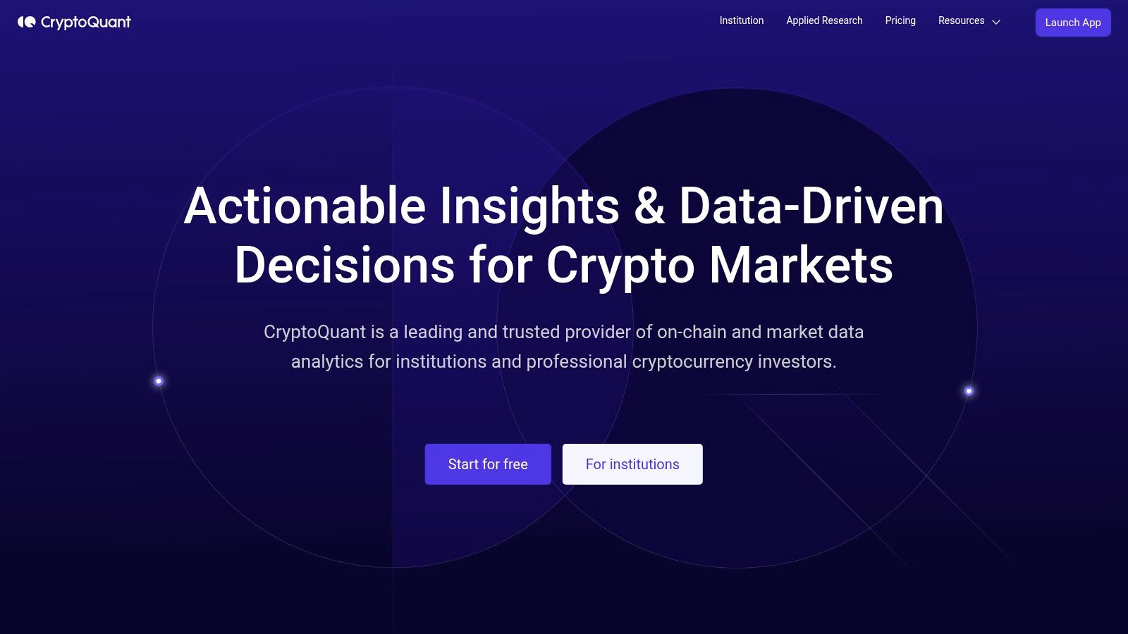 CryptoQuant's home page, offering on-chain and market data analytics for institutions and professional crypto investors