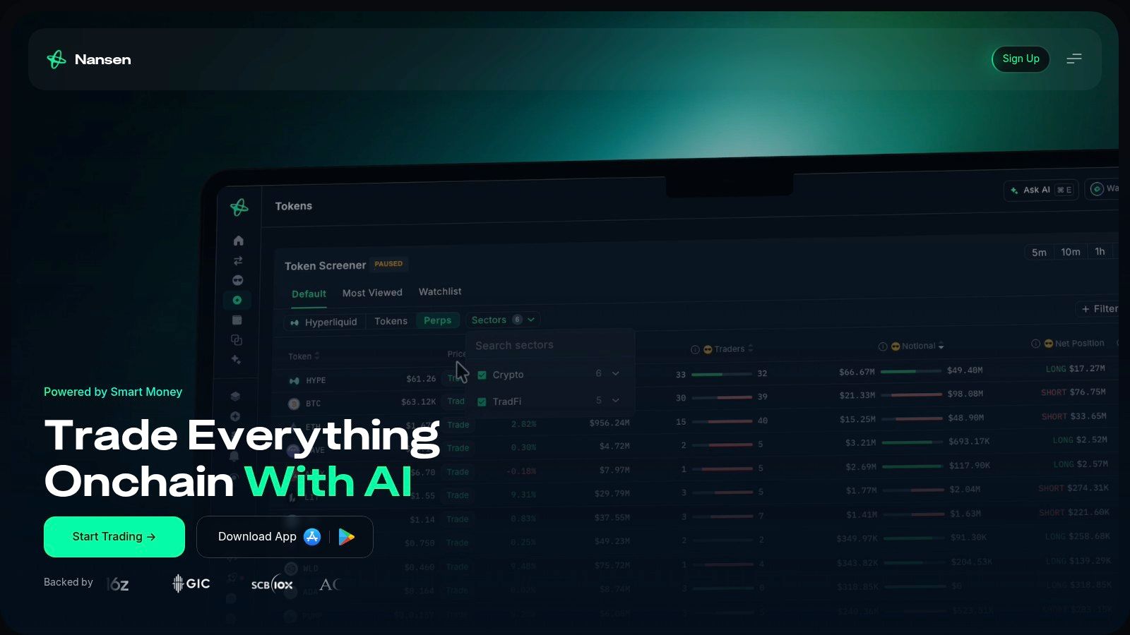 Nansen's home page, headlined "Trade Everything Onchain With AI", showing a token screener with trader counts and net positions