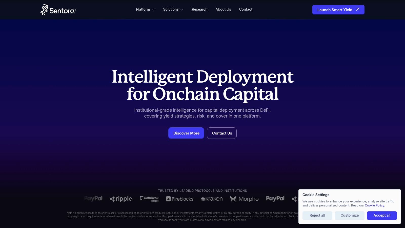 Sentora's home page, headlined "Intelligent Deployment for Onchain Capital", with institutional partner logos beneath