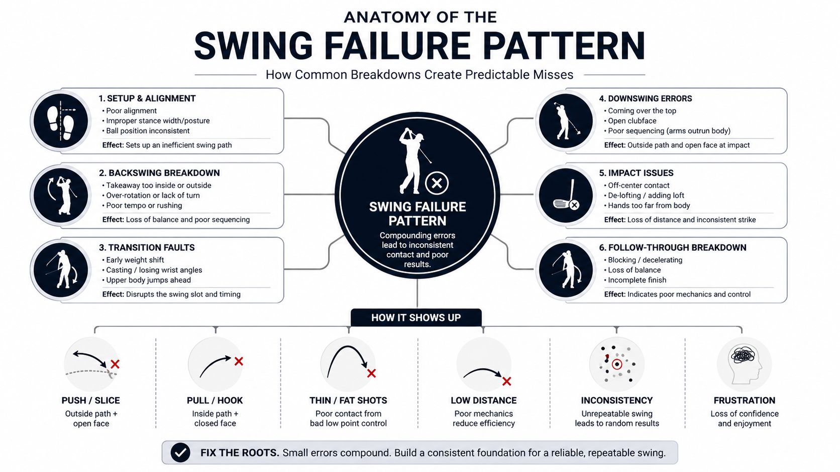 An infographic titled Anatomy of the Swing Failure Pattern detailing common golf swing mistakes and their consequences.