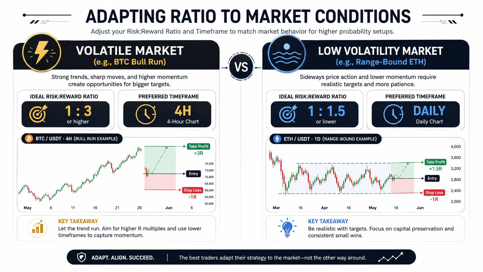 An infographic illustrating how to adjust risk-reward ratios and trading timeframes based on volatile or low volatility markets.