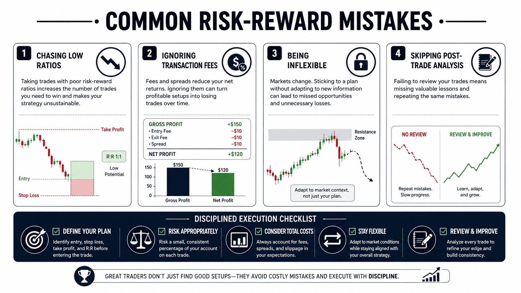 An infographic detailing common risk-reward mistakes in trading, featuring a checklist for disciplined execution and performance analysis.