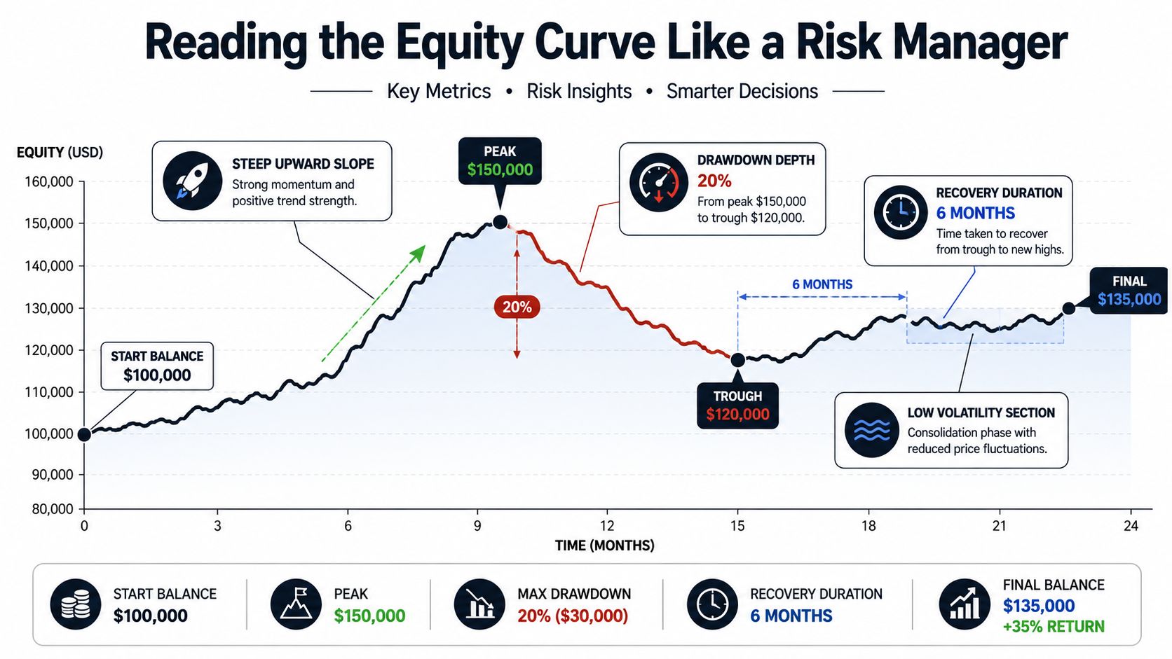 An infographic illustrating how to interpret an equity curve, identifying peaks, troughs, drawdowns, and recovery periods.