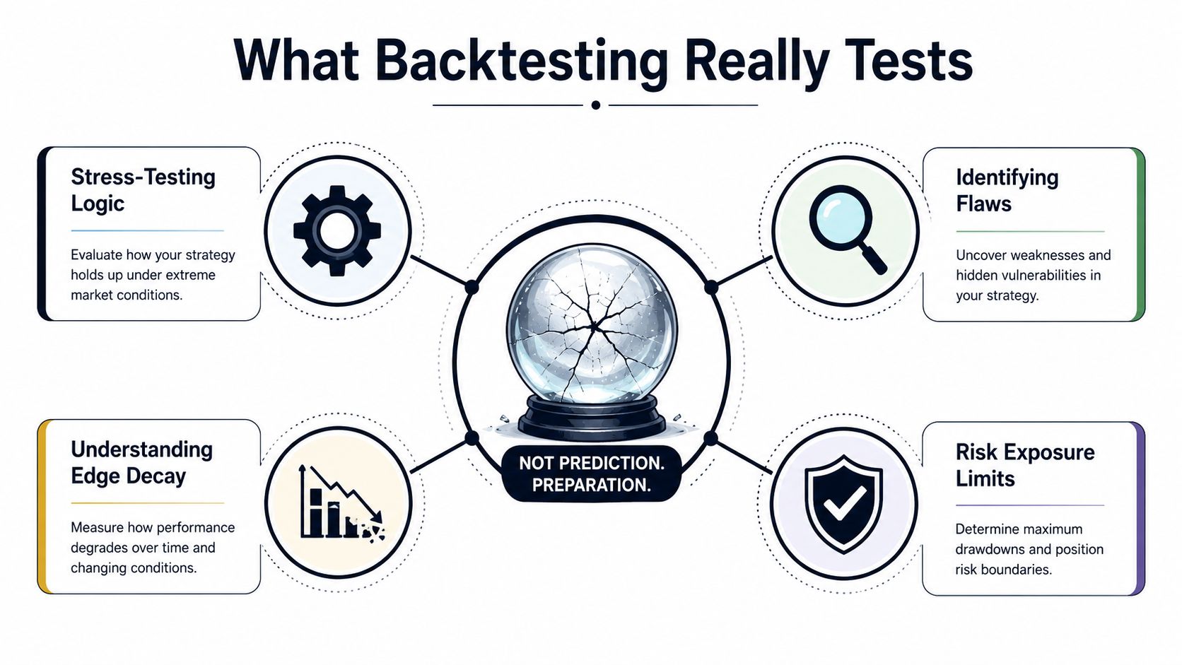 A diagram illustrating that backtesting trading strategies is for preparation and risk management, not for market prediction.