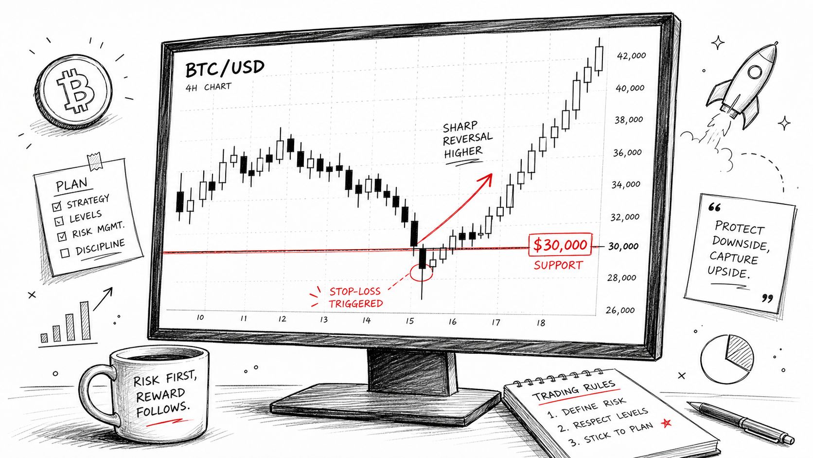 A hand-drawn illustration showing a Bitcoin price chart with a stop-loss triggered at the $30,000 support level.