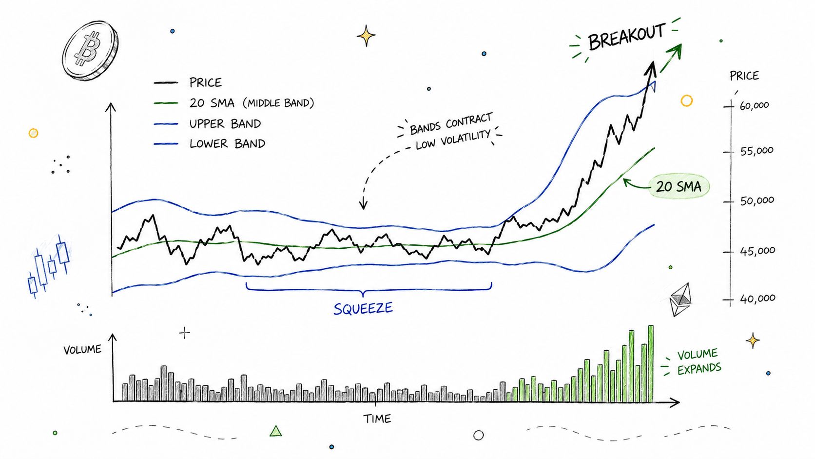 A hand-drawn educational illustration explaining the Bollinger Bands indicator, showing a squeeze, low volatility, and price breakout.