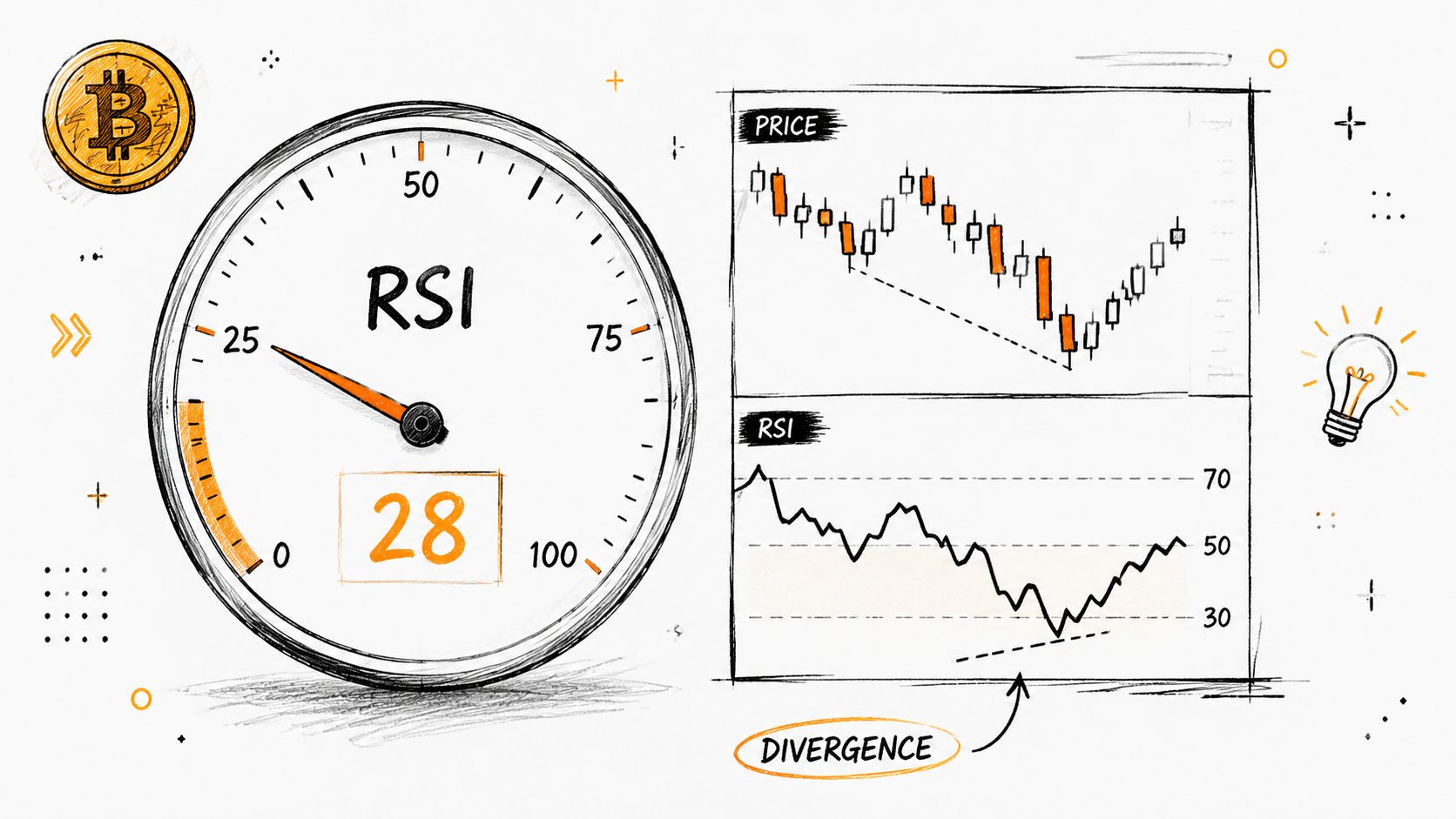 A hand-drawn illustration showing a Bitcoin RSI gauge at 28 alongside a price and RSI chart comparison.