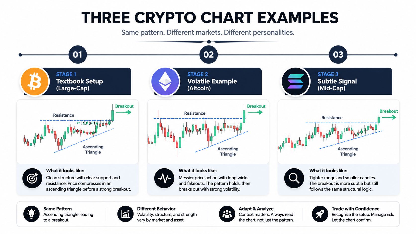 An educational infographic comparing three crypto chart examples of the ascending triangle pattern across different market assets.