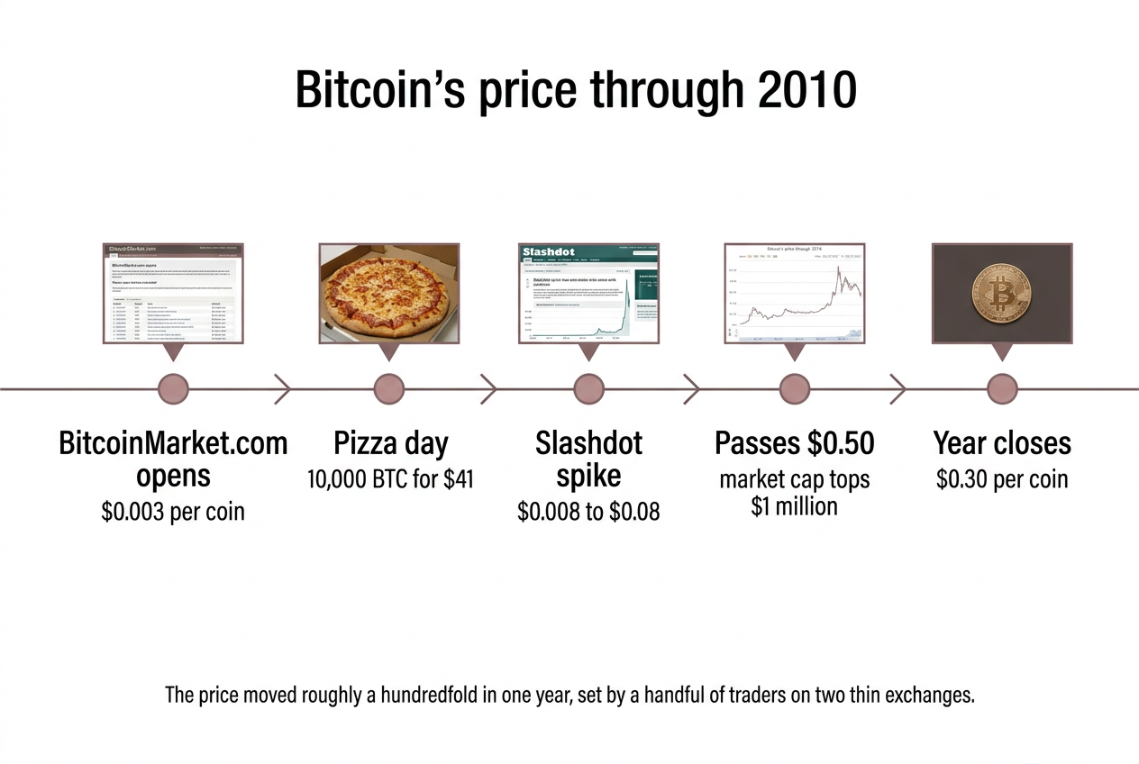Timeline: Bitcoin's price through 2010. Mar 17 BitcoinMarket.com opens, May 22 Pizza day, Jul 11 to 16 Slashdot spike, Nov 6 Passes $0.50, Dec 31 Year closes