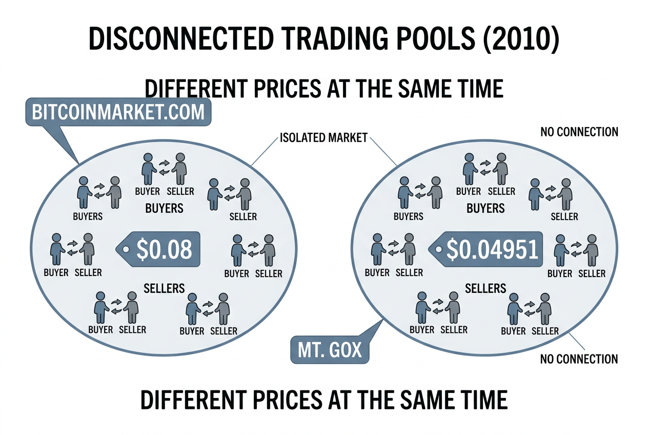 Diagram of two disconnected 2010 bitcoin exchanges, BitcoinMarket.com and Mt. Gox, shown as separate unconnected pools each quoting a different price.