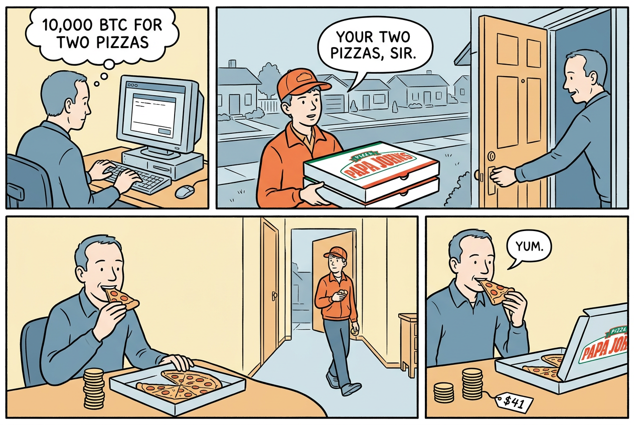 Three-panel comic of Laszlo Hanyecz offering 10,000 BTC for two Papa John's pizzas, a teenager delivering them, and the coins changing hands worth about $41 at the time.