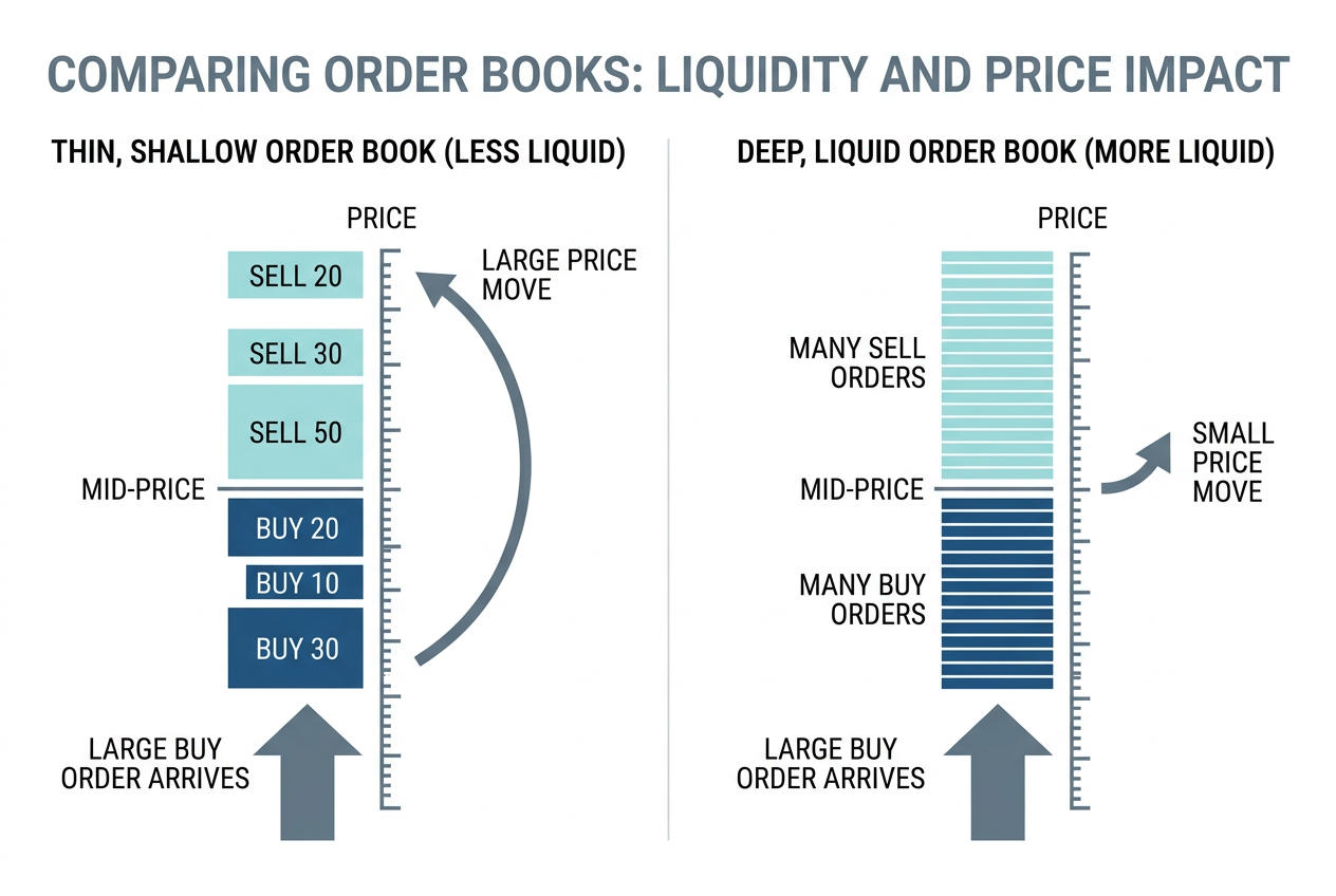 Diagram comparing a thin order book, where one large order swings the price sharply, against a deep liquid order book where the same order barely moves it.