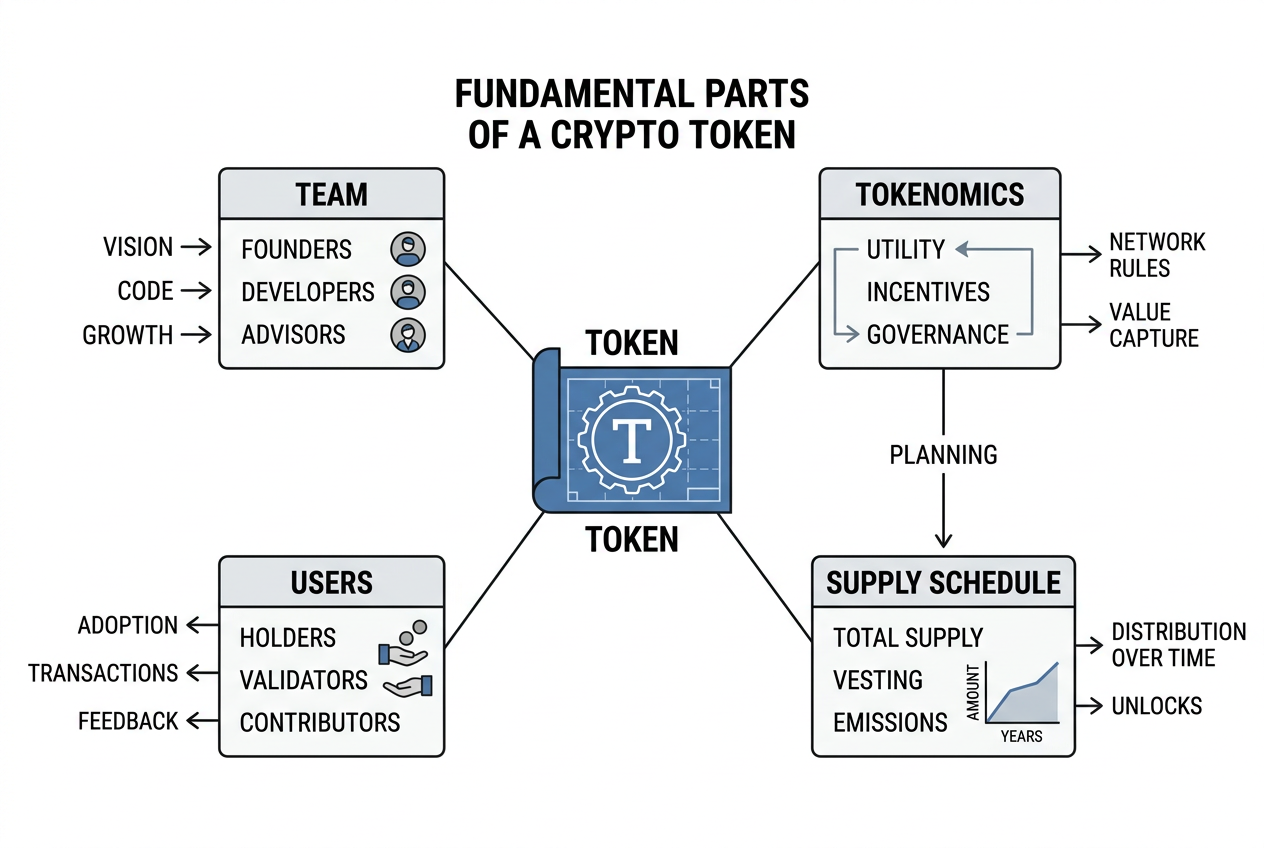 Diagram of a token at the center connected to four labelled boxes: Team, Tokenomics, Supply Schedule, and Users.