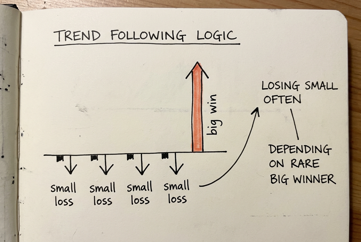 Hand-drawn sketch of four small loss marks followed by one large win mark, showing a trend-following strategy that loses often in small amounts and depends on one big winning trade.