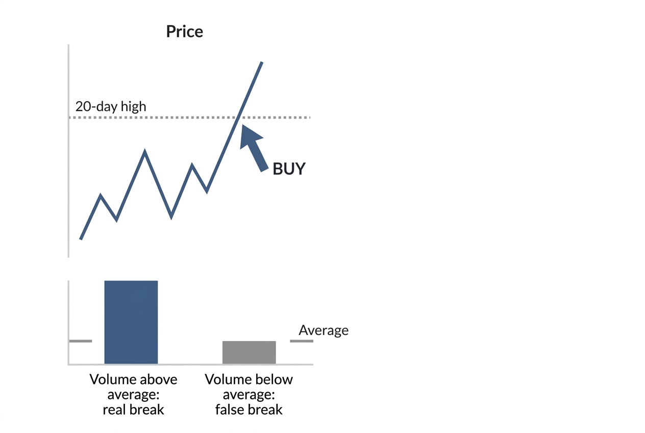 Diagram of a breakout trade: price crossing above its 20-day high triggers a buy, with a volume comparison showing a break on above-average volume treated as real and one on below-average volume treated as false.