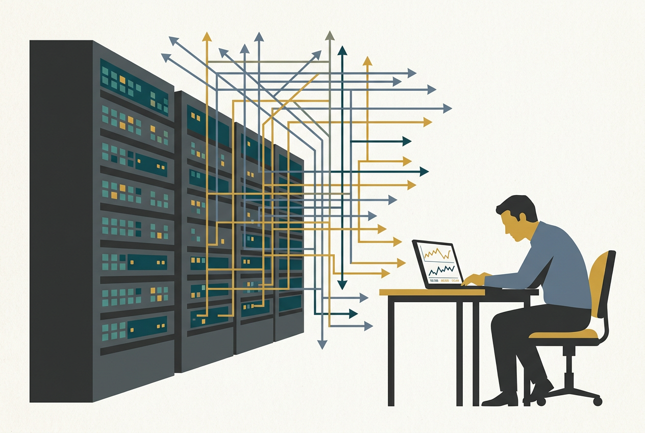 Editorial illustration of a solitary retail trader watching two browser tabs on a laptop, dwarfed by a distant array of server racks representing automated arbitrage systems trading across exchanges simultaneously.