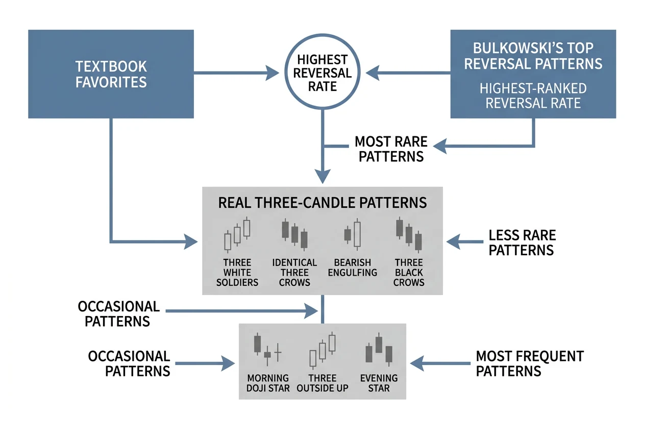 Comparison: Textbook favorites vs. Bulkowski's top reversal patterns. Textbook favorites, Highest-ranked reversal rate