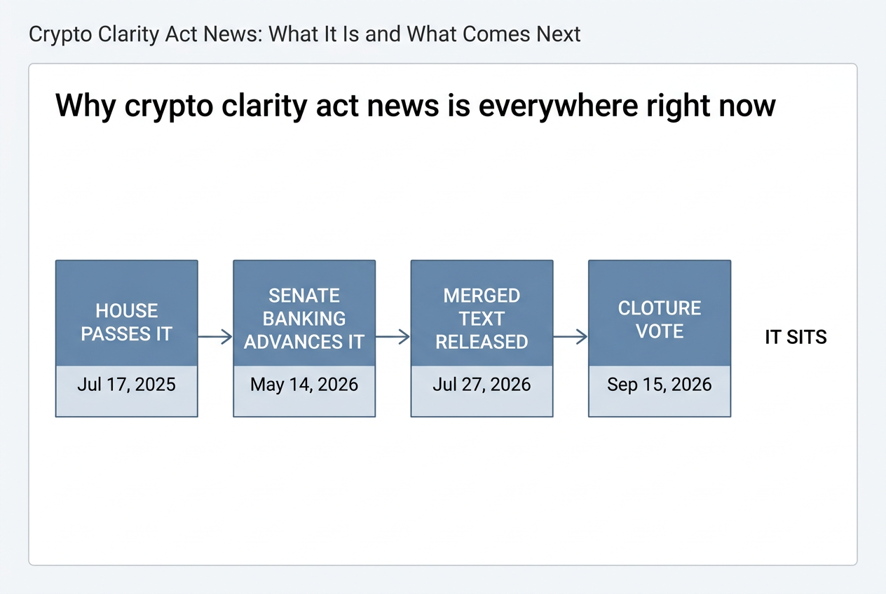 Timeline: The CLARITY Act's path through Congress. Jul 17, 2025 House passes it, May 14, 2026 Senate Banking advances it, Jul 27, 2026 Merged text released, Sep 15, 2026 Cloture vote