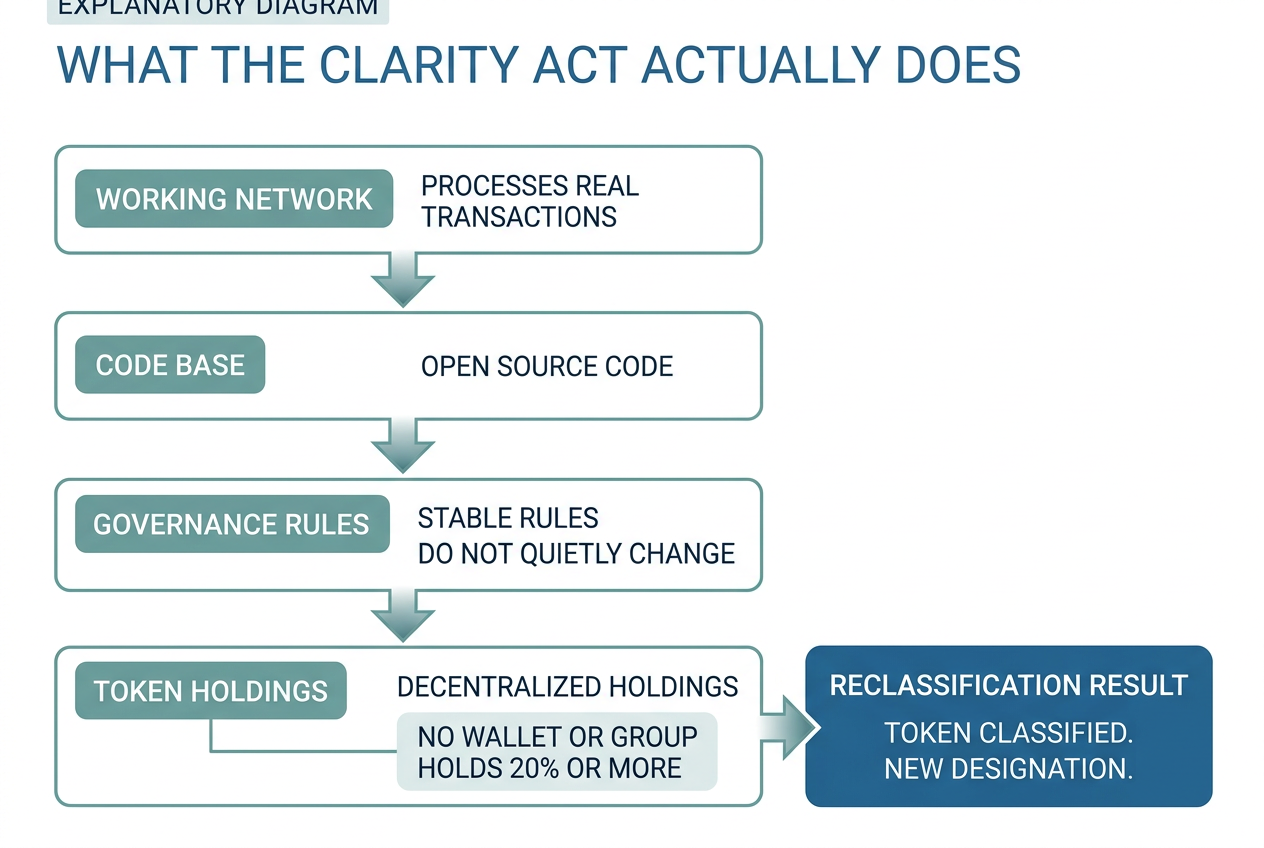 Layer diagram: The four-part test that reclassifies a token. Working network that processes real transactions, open source code, stable rules that don't quietly change, and decentralized holdings where no wallet or group holds 20% or more