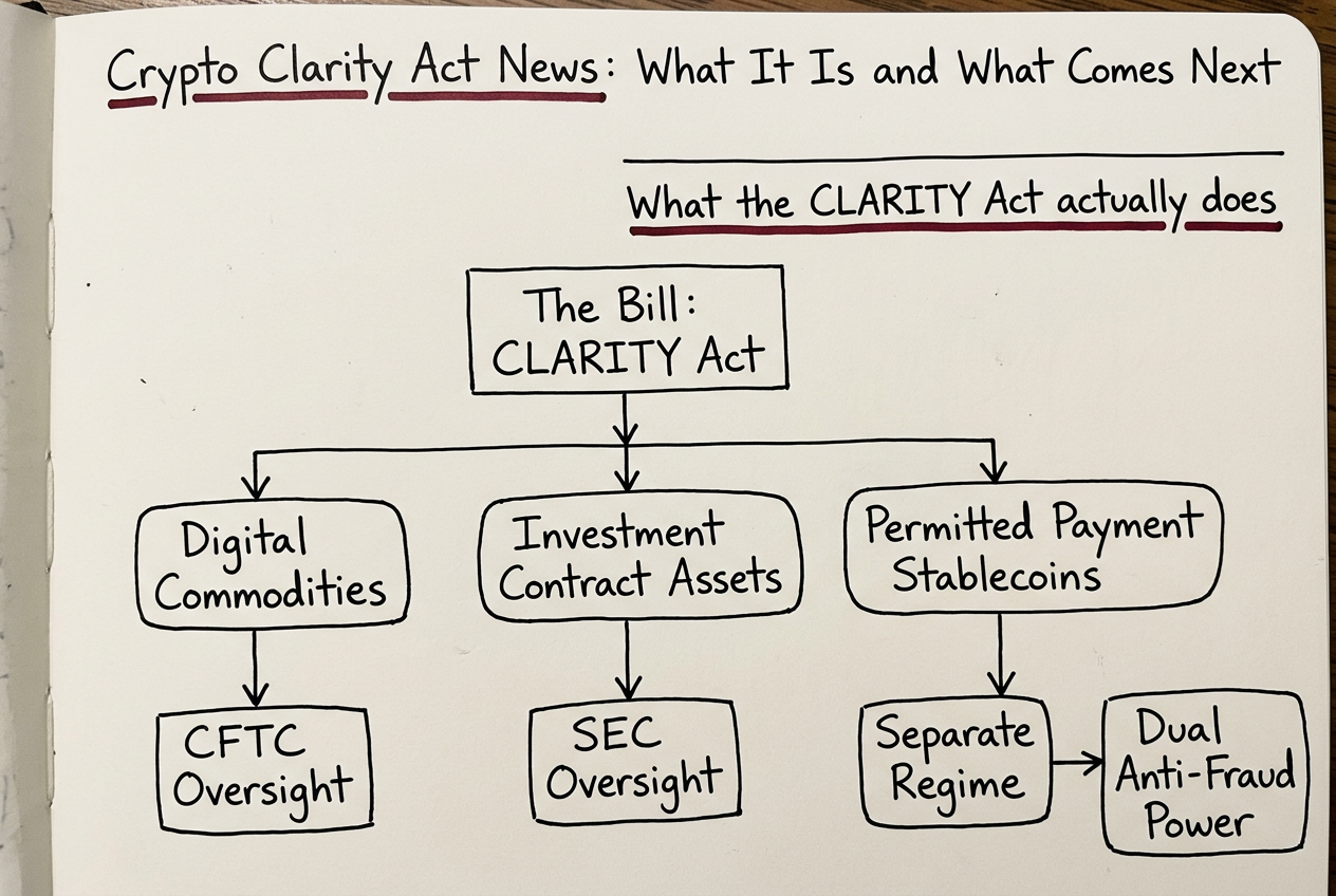 Hierarchy: One bill, three regulatory buckets. Digital assets splits into digital commodities under CFTC oversight, investment contract assets under SEC oversight, and permitted payment stablecoins under a separate regime with dual anti-fraud power