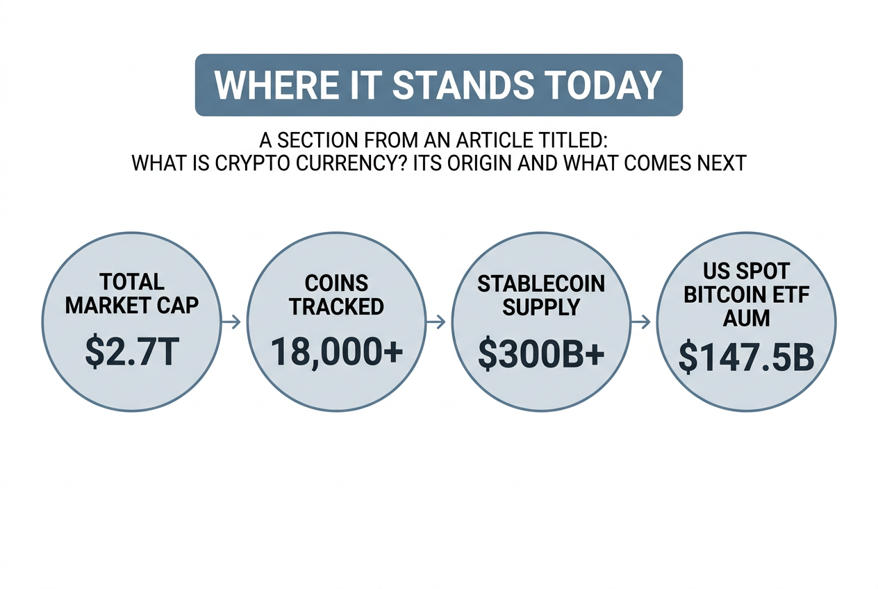 Key figures: Crypto currency, by the numbers today. $2.7T Total market cap, 18,000+ Coins tracked, $300B+ Stablecoin supply, $147.5B US spot Bitcoin ETF AUM