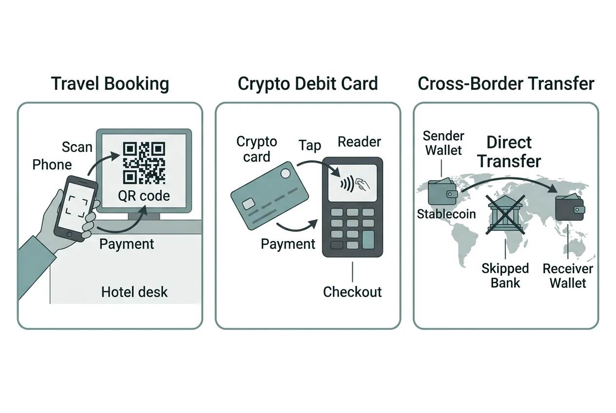 Three labelled scenes side by side: a phone scanning a wallet QR code at a hotel desk under Travel Booking, a crypto debit card tapped at checkout under Crypto Debit Card, and a wallet sending funds directly to another wallet across a world map under Cross-Border Transfer, with a bank building crossed out in the middle.