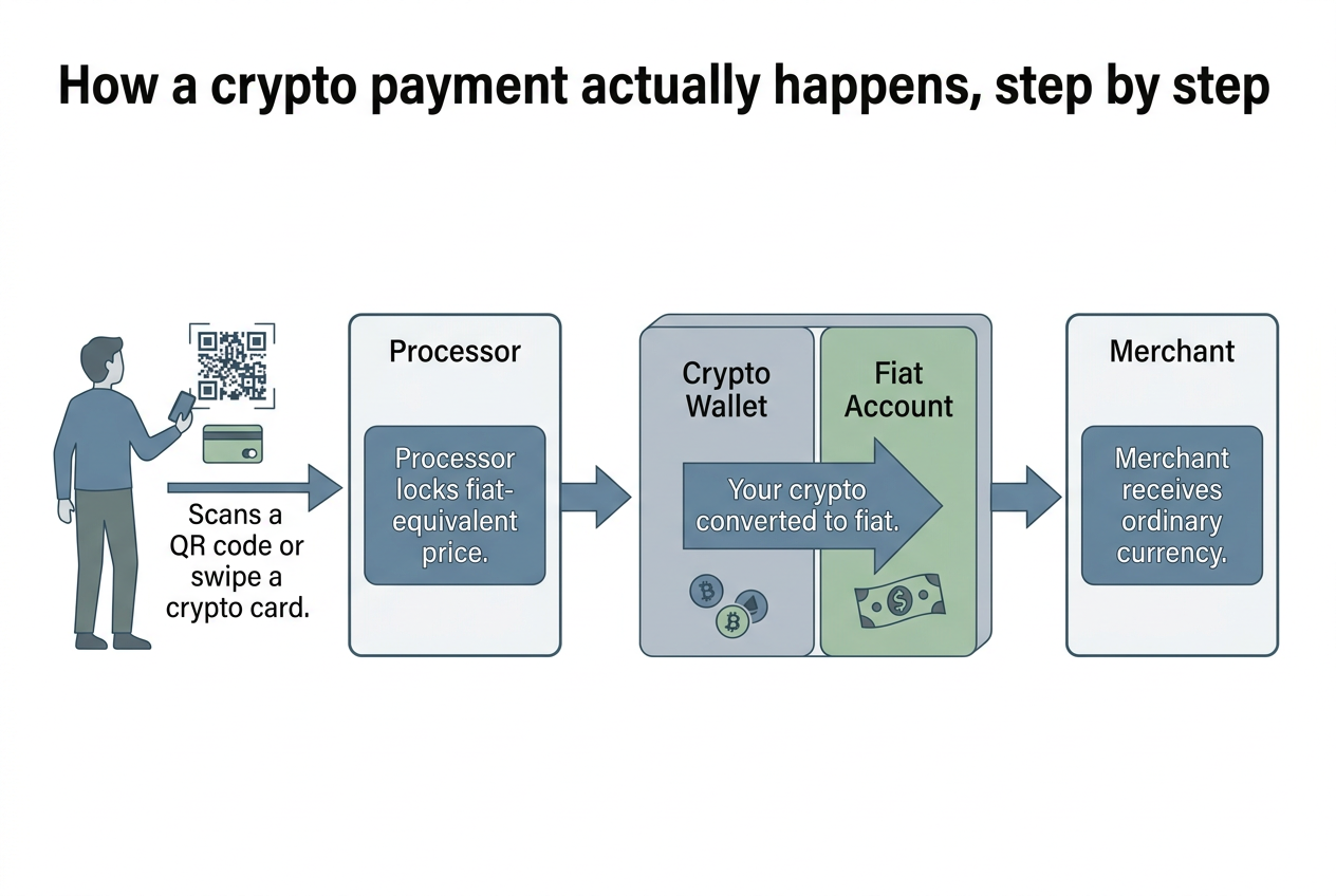 Flow diagram: Where the fiat conversion actually happens. You scan a QR code or swipe a crypto card, The processor locks a fiat-equivalent price, Your crypto is converted to fiat, Merchant receives ordinary currency
