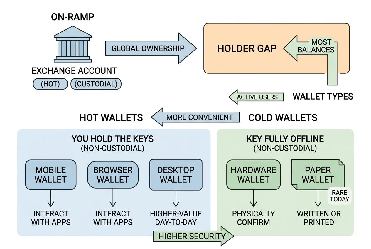 - Exchange account (hot, custodial). The easiest on-ramp, and where nearly everyone starts. Crypto.com's own market-sizing research put global crypto owners