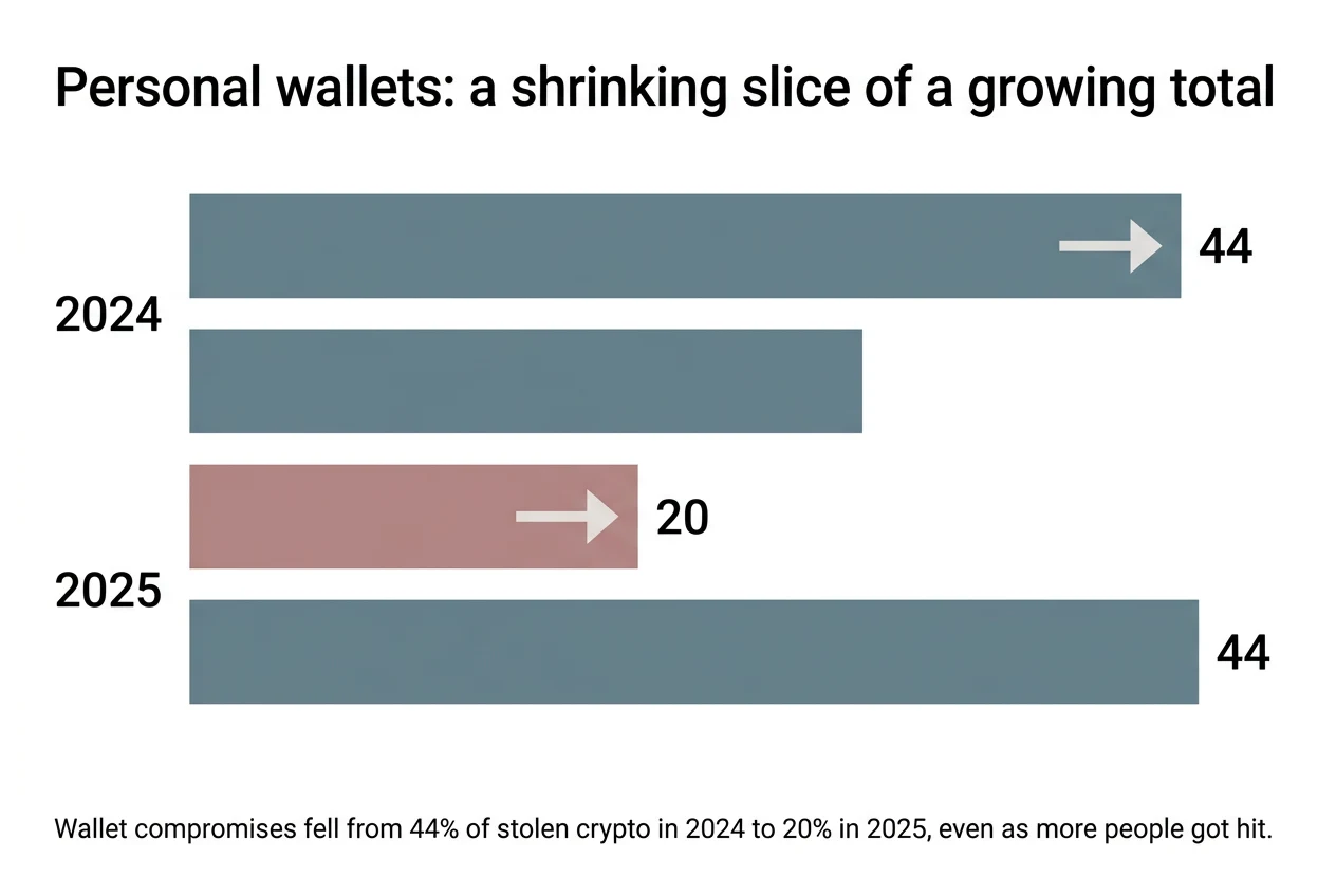 Diagram: Personal wallets: a shrinking slice of a growing total. 44 2024, 20 2025