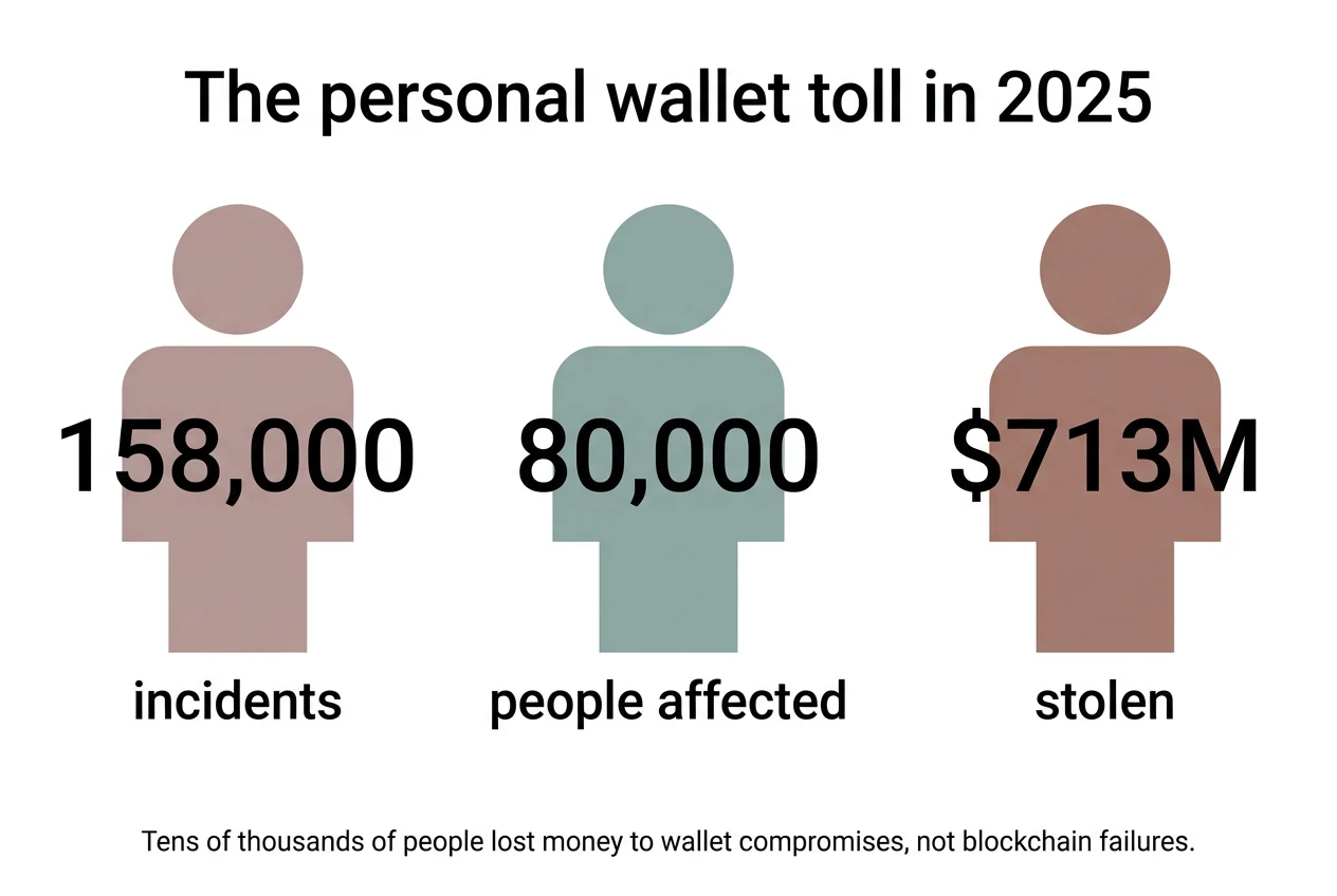Key figures: The personal wallet toll in 2025. 158,000 incidents, 80,000 people affected, $713M stolen