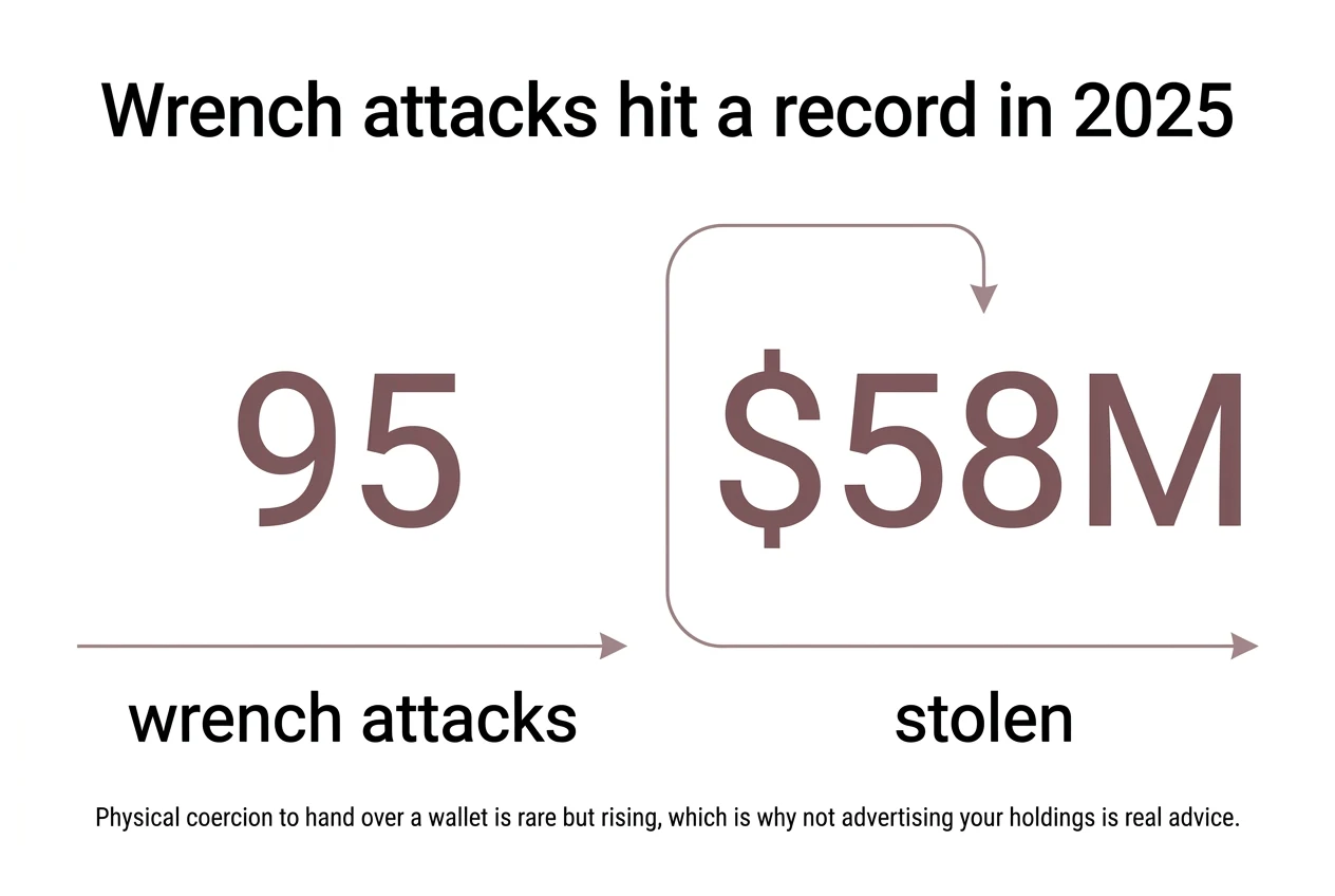 Key figures: Wrench attacks hit a record in 2025. 95 wrench attacks, $58M stolen