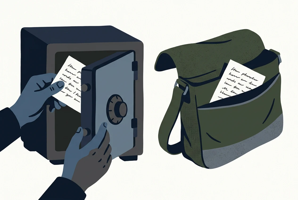 An illustration of a handwritten seed phrase card being locked in a home safe, with a second matching card being carried off to a separate location, representing offline backups kept in more than one place.